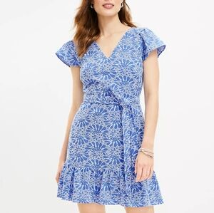LOFT v neck eyelet flutter sleeves fit & flare mini dress, 6, blue